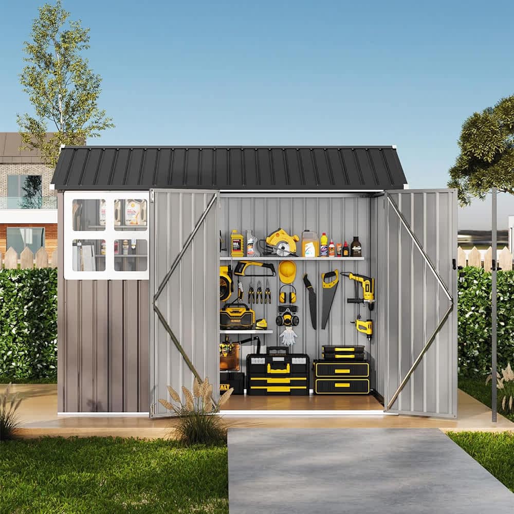 Qeetex 8 x 6 ft Outdoor Metal Storage Shed with Windows and Lockable Doors Heavy-Duty Garden Tool Shed Brown