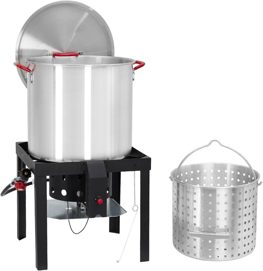 80 Qt Seafood Boiling Kit with Strainer,Outdoor Seafood Boil Pot and Basket with 110,000 BTUs Propane Burner and 10 PSI Regulator & Lifting Hook,Crawfish Pot Set for Crab,Lobster & Shrimp