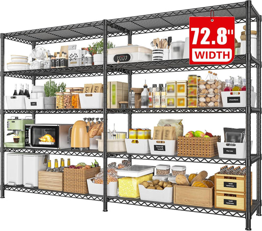 REIBII 72.8" W Storage Shelves Load 1600LBS, 5 Tier Metal Shelving Unit Wire Shelving for Storage Rack Heavy Duty Metal Shelves for Garage Pantry Kitchen, 17.7" D x 72.8" W x 70.9" H