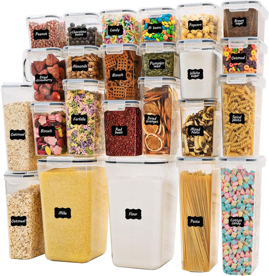 Romswi Airtight Food Storage Containers with Lids,24Pcs Pantry Organizers and Storage,BPA Free Cereal Containers Storage with 27 Labels and 4 Spoons,for Rice,Flour,Sugar and Noodles