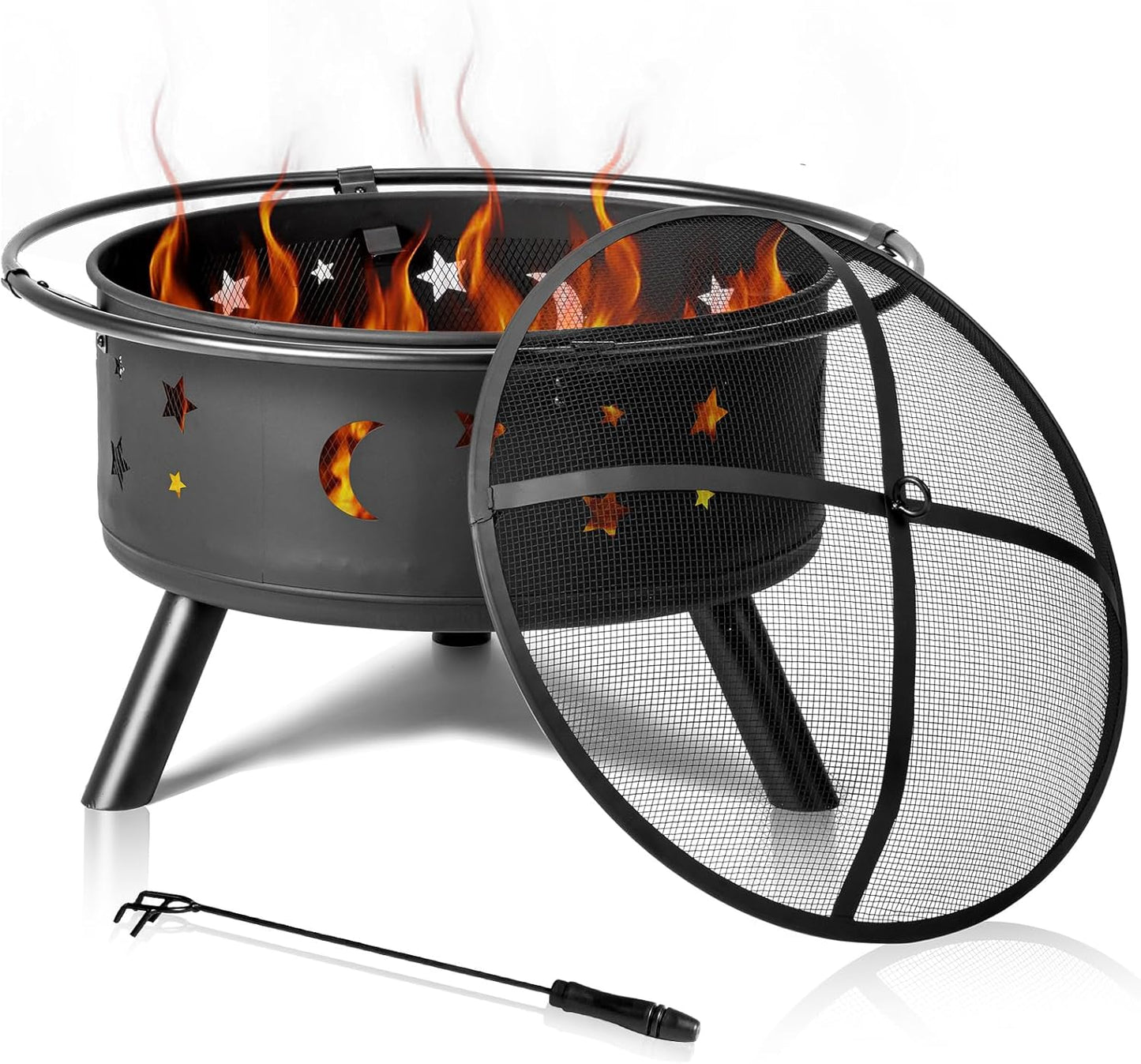 30 Inch Portable Fire Pit for Patio, Backyard, Garden, Fire Pits for Outside Wood Burning with Lid & Poker, Outdoor Firepit & Round Metal Firepit for Camping, Heating, Bonfire & Picnic