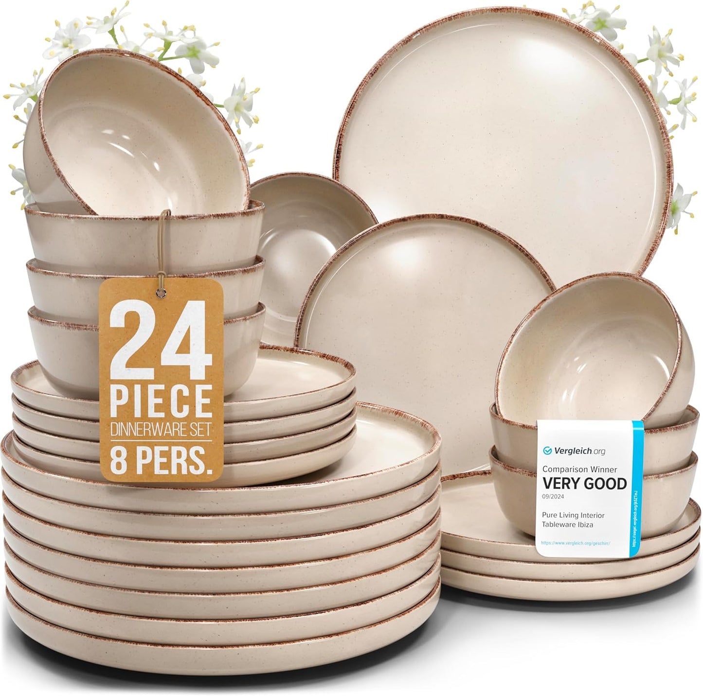 Stoneware dinnerware set 8 persons Rustic 24 pcs - Rustic design dinnerware set, dishwasher safe - Bowl and plate set - Pure Living dinnerware in beige\u2026