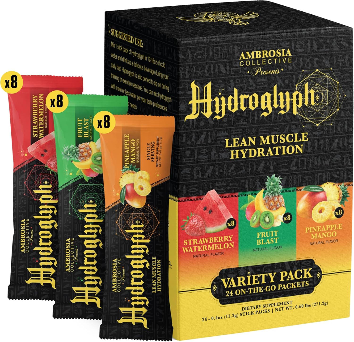 Ambrosia Hydroglyph Intraworkout Formula w\/BCAA + EAA + Electrolytes Hydration Powder to Protect Lean Muscle, 0g Sugar Fasting Hydration Drink Mix, Made w\/Coconut Water (Variety Pack) On-The-Go Packs