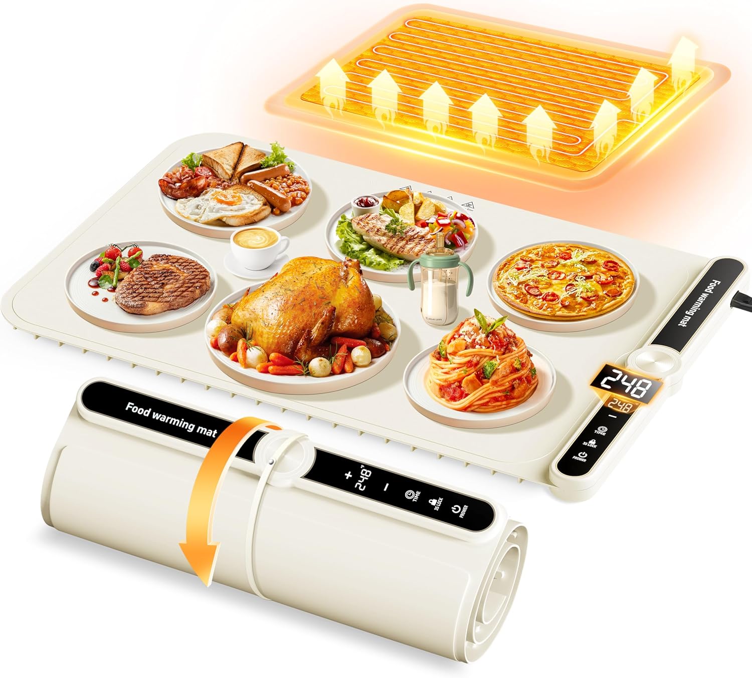 PAWCUB Food Warming Mat Electric Warming Tray 6 Gear Timed 9 Gear Temperature Controlled 18H Auto Power Off Full Surface Rapid Heating Ideal for Buffets Party Gatherings Warming Mat For Food (Beige)
