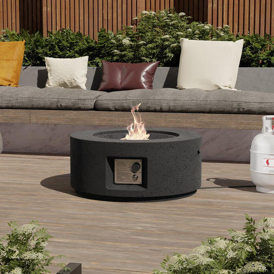 SUNBURY Outdoor Fire Pit, 28 inches Round Propane Gas Patio Fire Table 40,000 BTU Concrete Travertine Design, Circular Base Small Firepit with Lava Rocks, Waterproof Cover (Grey)
