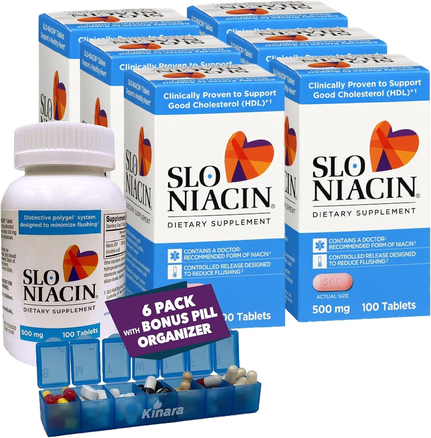 Kinara Slo Niacin 500mg Flush Free 100 Capsules/Tablets 6-Pack, Vitamin B3, Heart & Nutritional Health, Energy Production, Circulation, Skin Pill Organizer