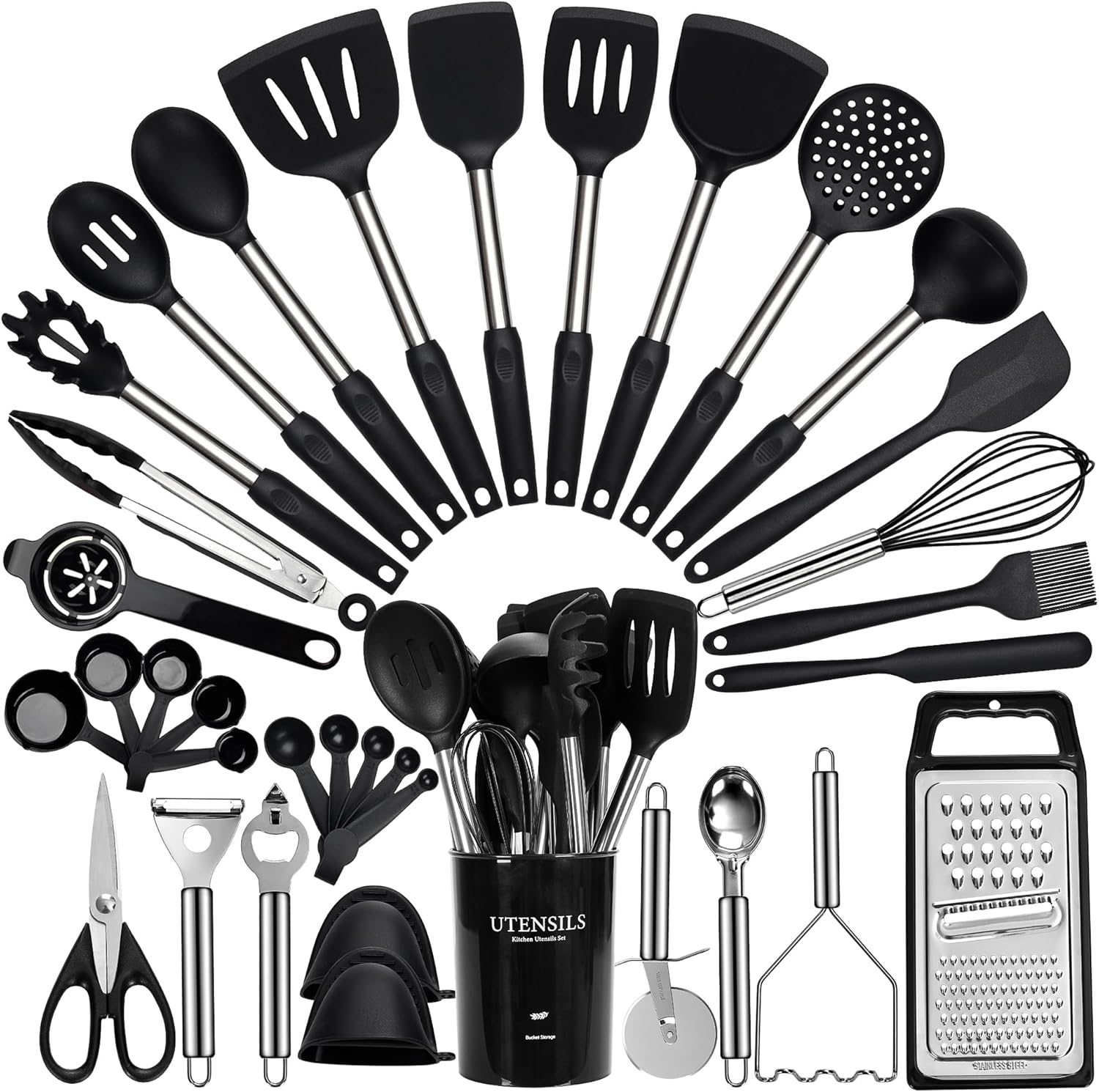 Fyvva Large Cooking Utensils Set, 35 Pcs Kitchen Utensils Set with Holder, Silicone Spatula Set with Stainless Steel Handle, Whisk, Basting Brush, Kitchen Gadgets for Nonstick Cookware (Black)