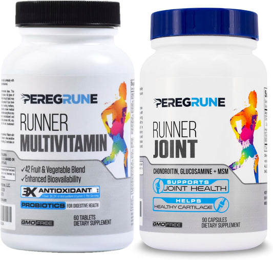 PEREGRUNE Runner Multivitamin & Joint Support Supplement \u2013 Antioxidants, Vitamin B Complex, Probiotics for Health, Energy, Endurance, Recovery - Glucosamine Chondroitin, MSM \u2013 GMP Running Supplements