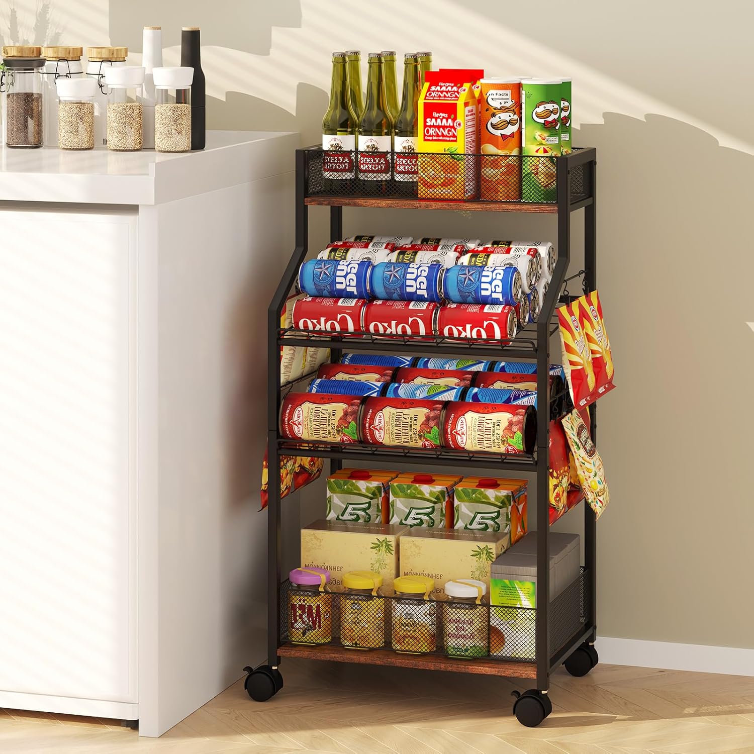 Homsorout Can Organizer for Pantry - Rolling Snack Cart, Multi-Layer Soda Can Organizer for Pantry, Mobile Beverage Storage Rack with Wheels, Versatile Metal Shelf for Kitchen and Office, Black Brown