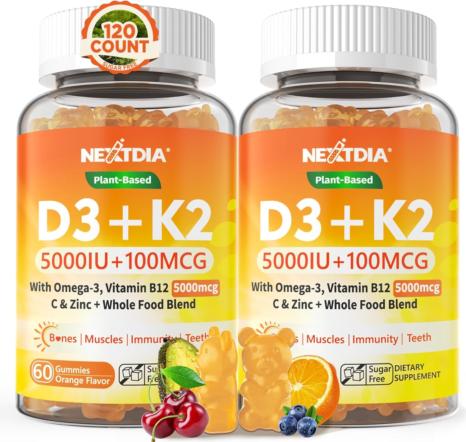 Vitamin D3 K2 Gummies 5000IU \/ 10,000 IU with Omega-3 250mg + K2(MK-7) 100mcg - 5X Absorption Than Standard D3K2,with Vitamin C, Zinc,and 5 Organic Vegetables,Supports Bone & Teeth Strength, Immune