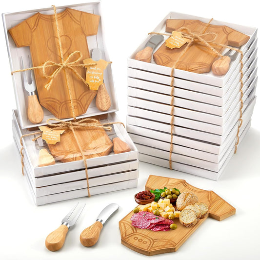 Ziliny 12 Set Baby Shower Gifts for Guests Clothing Shaped Charcuterie Board Set Thank You Tags with Box Mini Cheese Board Party Favors for Gender Reveal Favors Baby Shower Game Prizes (Bamboo Color)