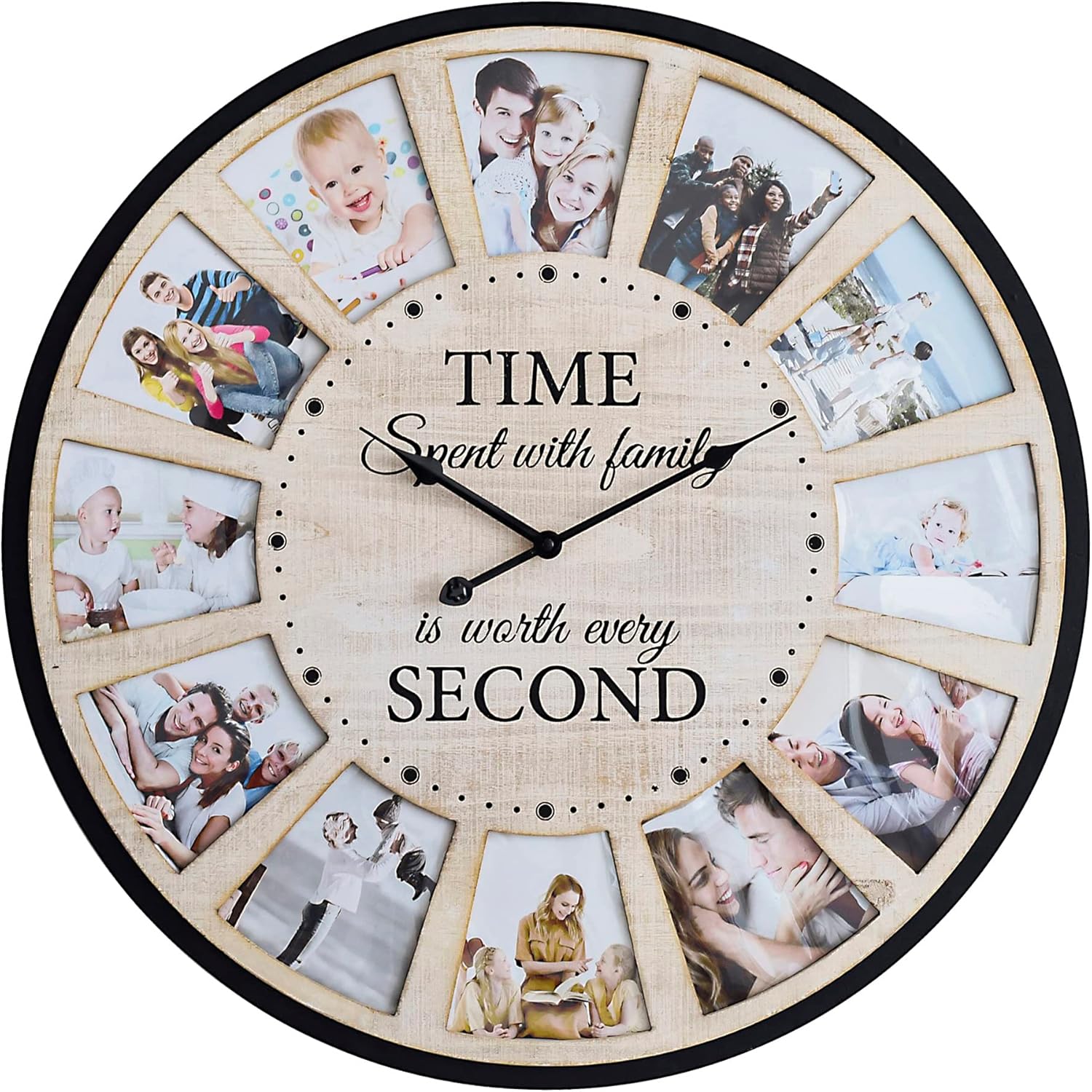 JUMBO HUMBLE 12 Photo Collage Rustic Wood Farmhouse Wall Clock, Large Family Picture Wall Clock for Living Room, Home, Kitchen, Silent Battery Powered 24 Inch Natural