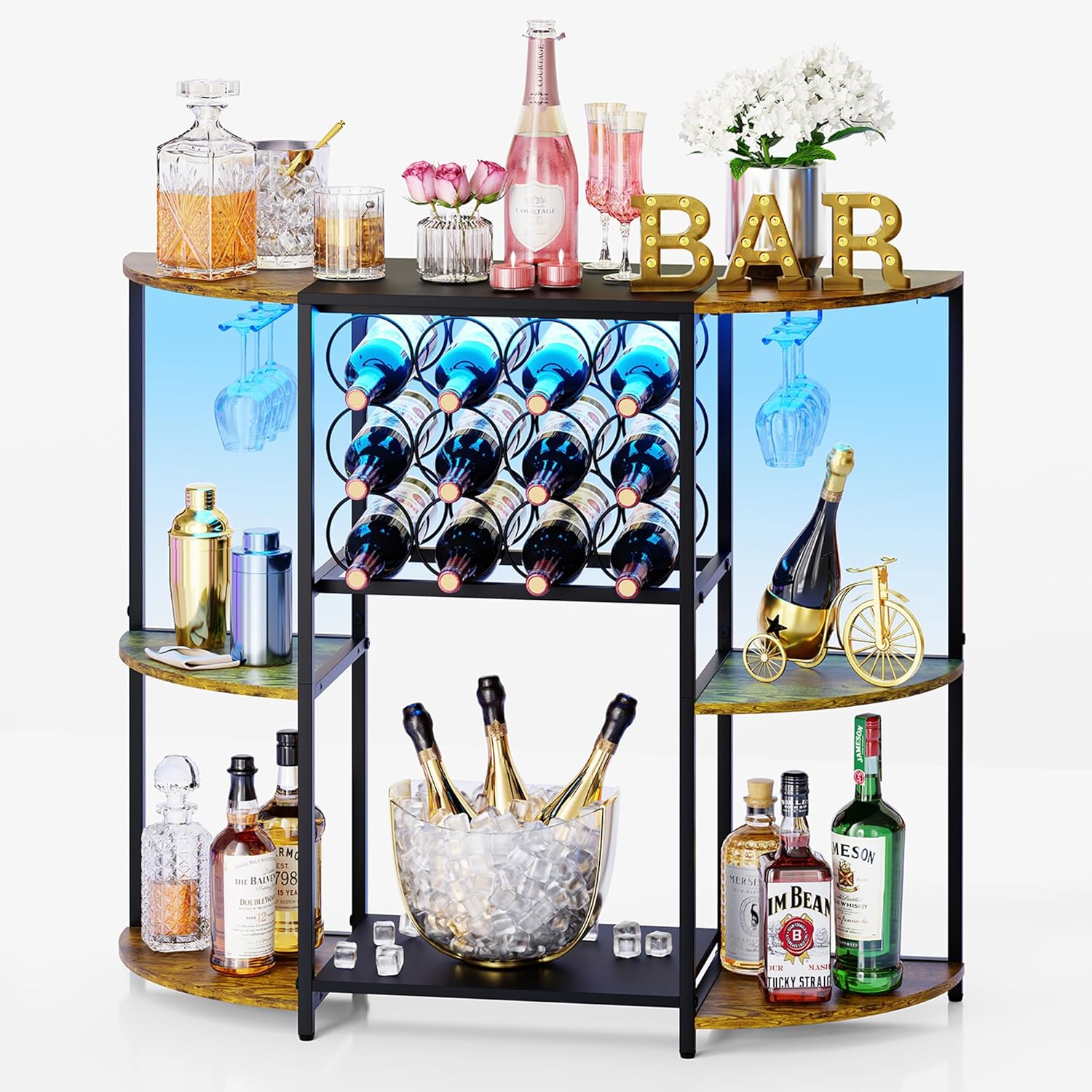 JKsmart Wine Bar Cabinet with LED Lights, Mini Wine Rack with Storage and Glass Holder, Home Bar Cart for Liquor, 3-Tier Bar Table for Kitchen, Dining Room, Living Room, Rustic Brown