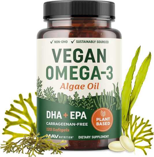 Vegan Omega 3 Algae Oil | Plant Based DHA EPA | Sustainably Sourced, No Carrageenan, Non GMO | Heart, Brain, and Eye Health | Fish Oil Alternative | Algae Omega 3 Supplement | 120 Softgel Capsules