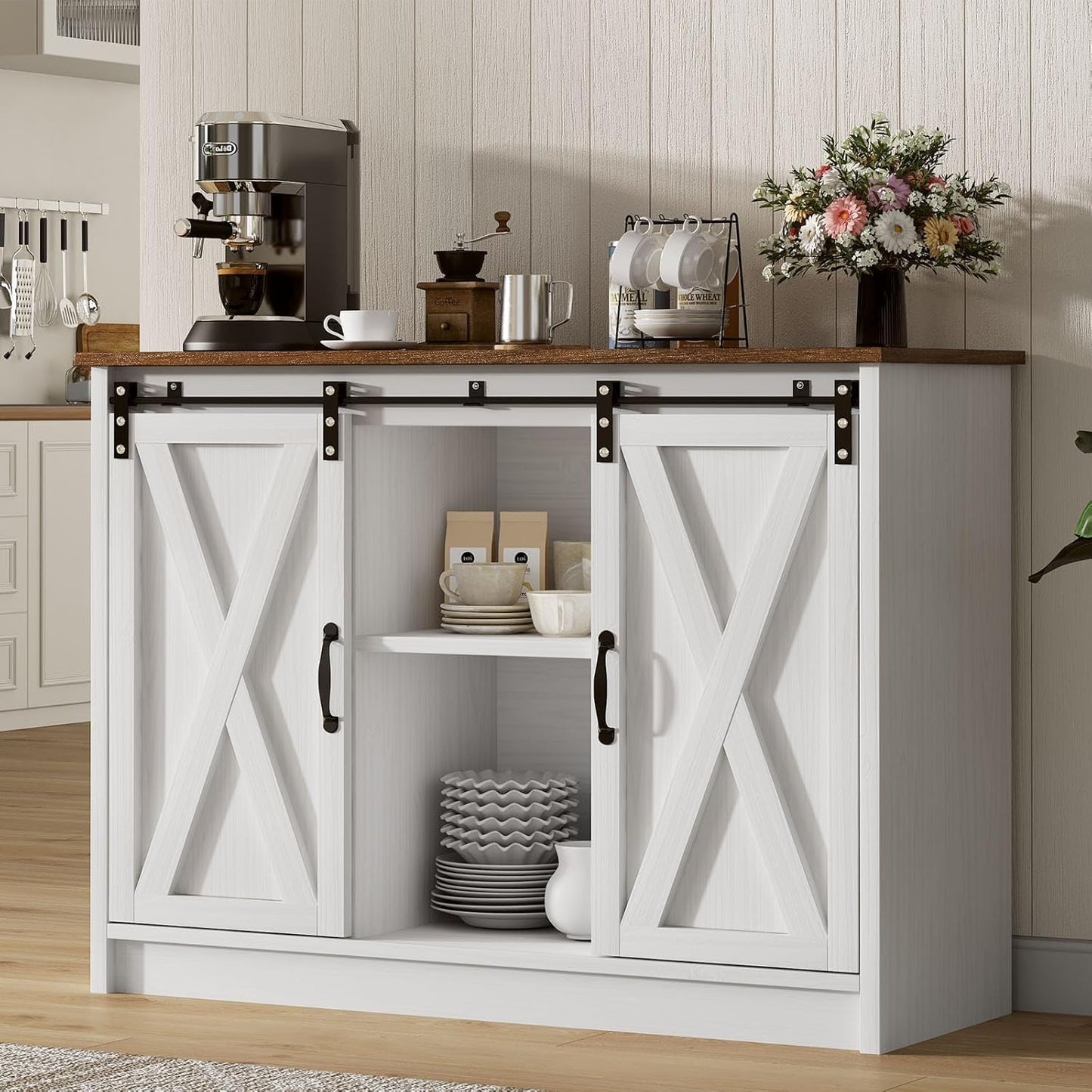 4 EVER WINNER Coffee Bar Cabinet with Sliding Barn Doors, 42\u201DFarmhouse Buffet Cabinet with Storage for Kitchen, Coffee Bar with Adjustable Shelf for Dining Room, White