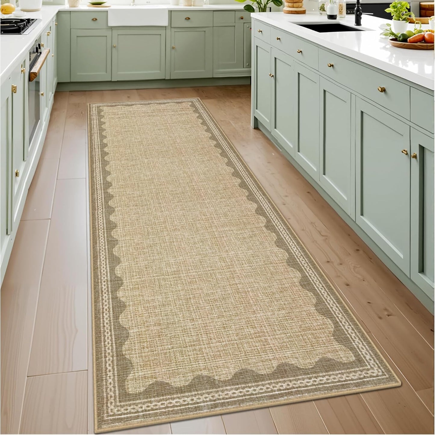 GarveeHome 2.5x8 Runner Rug for Hallway Washable Kitchen Rugs Non Slip Solid Tan Jute Digital Printing Modern Soft Low-Pile Scalloped Indoor Carpet for Entryway Laundry Room Floor Mats