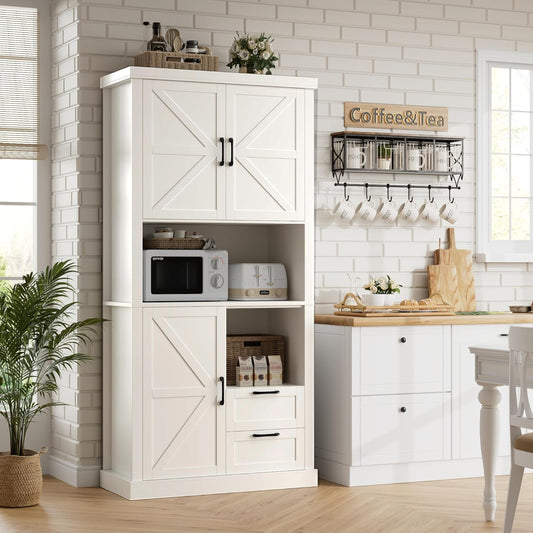 HOSTACK 76" Tall Farmhouse Kitchen Pantry Cabinet, Kitchen Hutch Bar Cabinet with Drawers & Shelves, Large Wood Storage Cabinets with Barn Doors & Microwave Stand, Cupboard for Dining Room, White