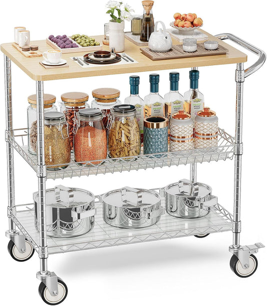 Leteuke Rolling Kitchen Carts with Wheels, 34" L x 17.5" W, 3-Tier Heavy Duty Utility Cart with Wood Tabletop, NSF Commercial Metal Serving Cart with Handle and Shelf Liner for Kitchen, Chrome