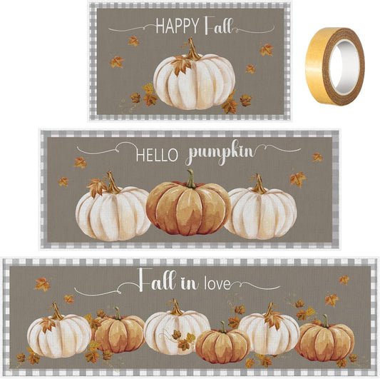 Drydiet 3 Set Fall Kitchen Mats Decor with Anti Slip Tape Farmhouse Harvest Kitchen Rug Set Thanksgiving Maple Leaves Door Mat for Home Entrance Porch, 16.5"x 31.5", 16.5"x 59", and 16.5"x 47.2"