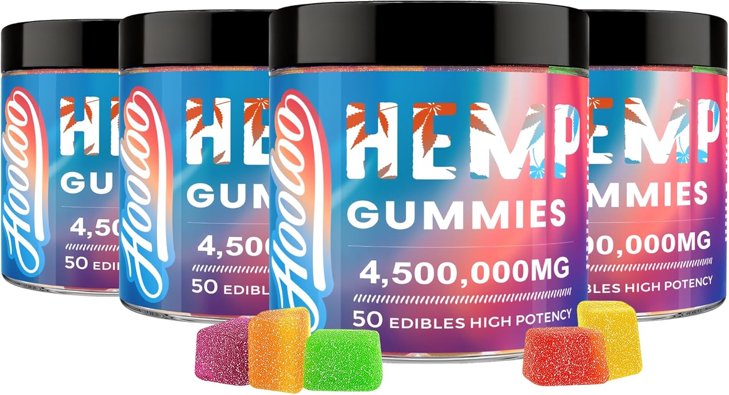 HOOLOO Hemp Gummies Extra Strength for Adults - 6 Fruity Flavors Infused Vitamins, Omega 3, Chewable Gummy for Deep Bedtimes, Focus, Unwind, Pack of 4, Made in USA