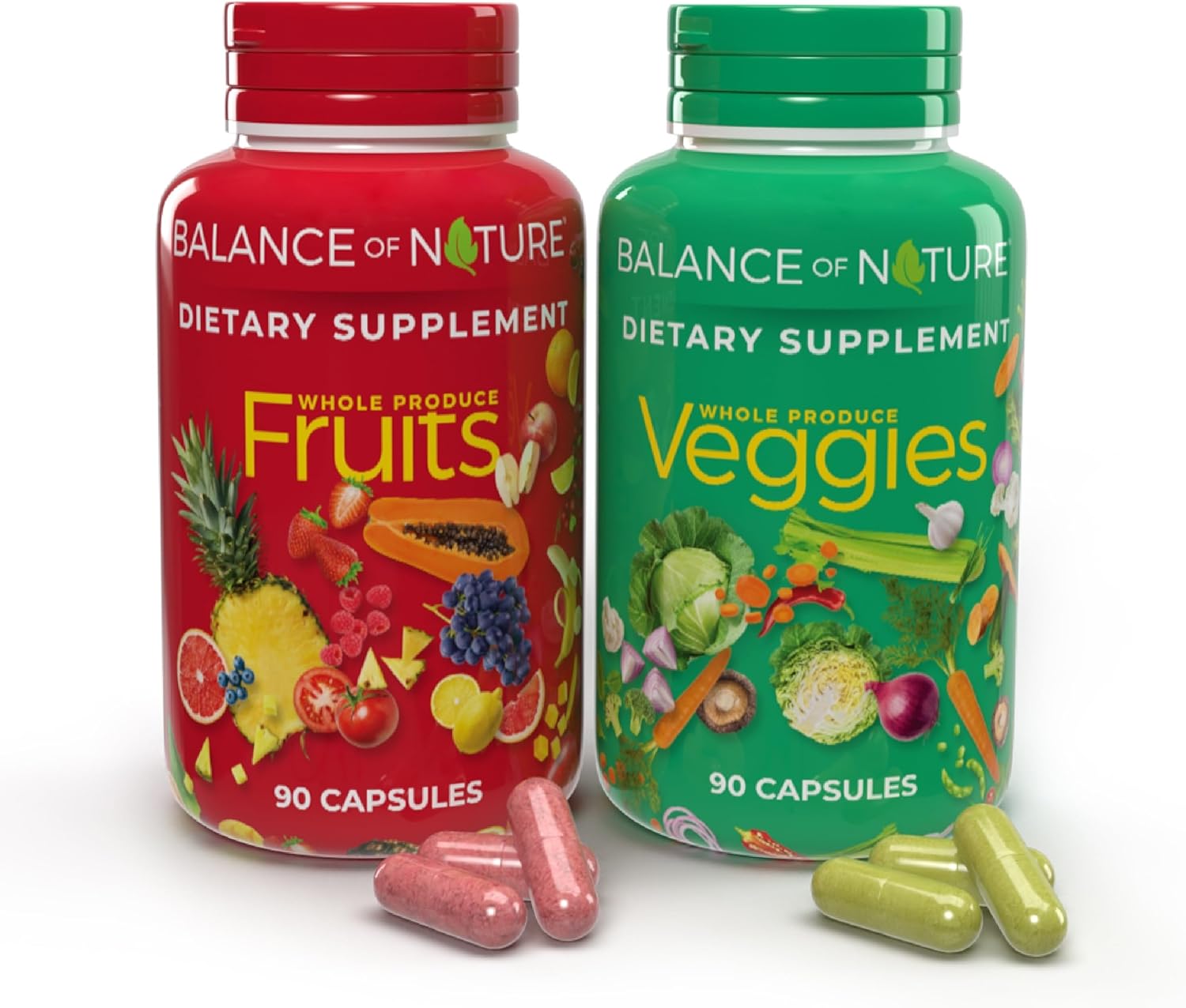 Balance of Nature Fruits and Veggies Supplements - Whole Fruit and Vegetable Ingredients for Women, Men, and Kids - 90 Fruit Capsules, 90 Veggie Capsules - 1 Set