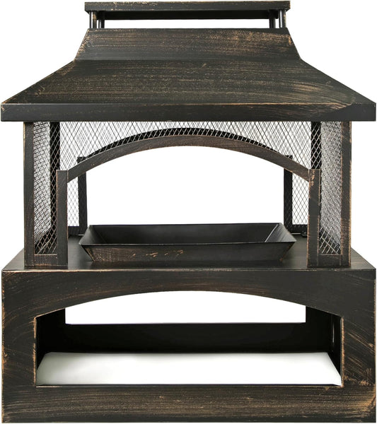 37-Inch Rectangular Metal Outdoor Wood Burning Fireplace - Outdoor Fireplace with Built-in Log Storage and Poker-Brushed Bronze,Log Burner Fire Pit for Patio Garden and Backyard