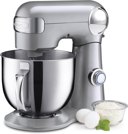 Cuisinart Stand Mixer, 12 Speeds, 5.5-Quart Mixing Bowl, Chef's Whisk, Flat Mixing Paddle, Dough Hook, and Splash Guard with Pour Spout, Silver Lining, SM-50BC, Silver Lining