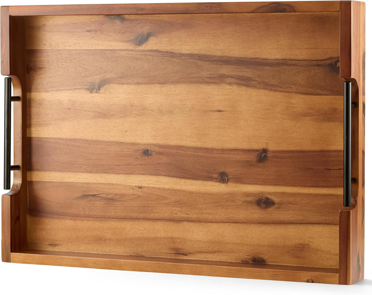 TIDITA 20 Inch Acacia Wood Ottoman Tray with Metal Handle - Wooden Square Serving Tray - Extra Large Food Trays for Decorative, Coffee Table, Breakfast in Bed - Charcuterie Trays Use for Kitchen