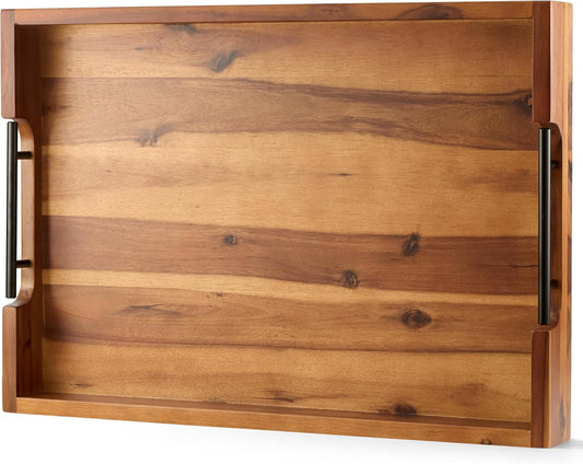 TIDITA 20 Inch Acacia Wood Ottoman Tray with Metal Handle - Wooden Square Serving Tray - Extra Large Food Trays for Decorative, Coffee Table, Breakfast in Bed - Charcuterie Trays Use for Kitchen
