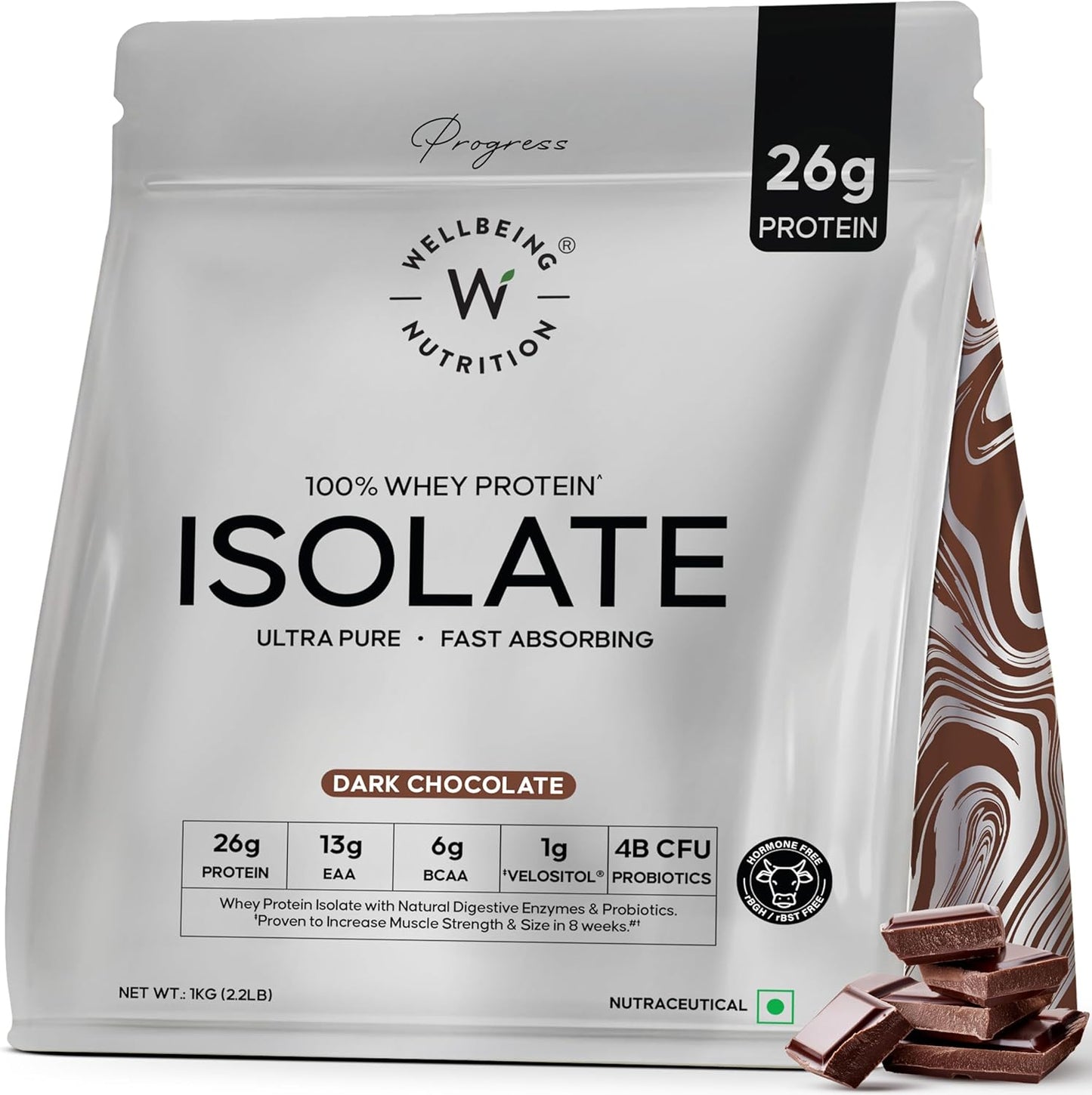 WELLBEING NUTRITION 100% Whey Protein Isolate (Dark Chocolate) | 26g Protein, 13g EAA | Clinically Proven 2X Muscle Protein Synthesis| 4B CFU Probiotics | Digestive Enzymes | Easy to Digest | 1kg