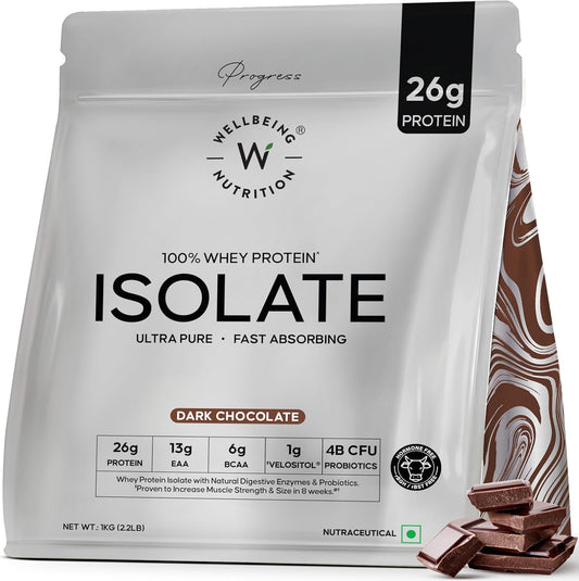 WELLBEING NUTRITION 100% Whey Protein Isolate (Dark Chocolate) | 26g Protein, 13g EAA | Clinically Proven 2X Muscle Protein Synthesis| 4B CFU Probiotics | Digestive Enzymes | Easy to Digest | 1kg