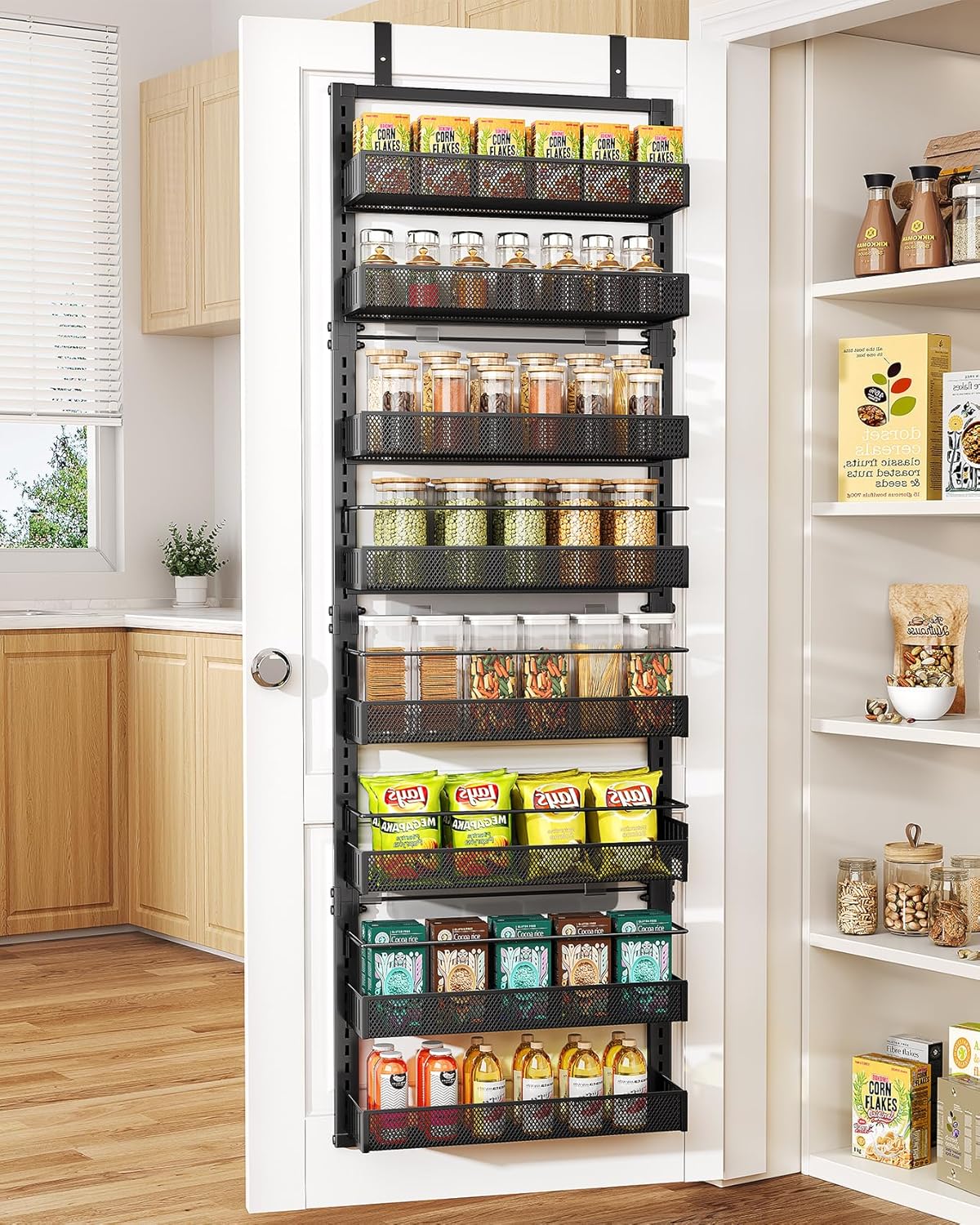 Over the Door Pantry Organizer - 8 Tier Adjustable Pantry Door Spice Organizer, Large Capacity Hanging Door Spice Rack for Kitchen Pantry Organizers and Storage (Black, 17"W x 6"D x 69"H)