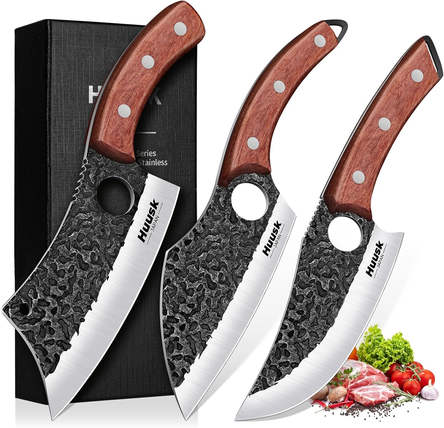 Huusk Butcher Knife Set of 3- Japanese Knife Set for Meat Cutting, Hand Forged Viking Knives Sets with Meat Cleaver, Heavy-Duty Kitchen Knives Sets for Bone BBQ Vegetable, Knives Gift for Men