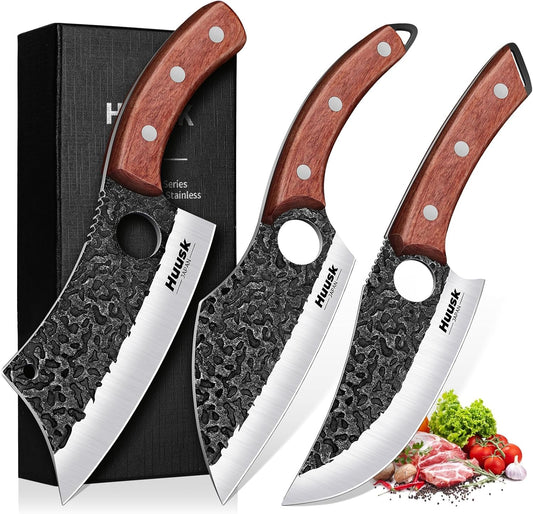Huusk Butcher Knife Set of 3- Japanese Knife Set for Meat Cutting, Hand Forged Viking Knives Sets with Meat Cleaver, Heavy-Duty Kitchen Knives Sets for Bone BBQ Vegetable, Knives Gift for Men