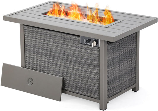 Fire Pit Table, HAPPATIO 42inch 50000 BTU Propane Fire Pit with Metal Fence Table Top, Lid, Black Glass Rock, CSA Safety Certified for Patio Balcony Backyard (Gray)