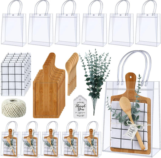 Teenyyou 6 Sets Baby Shower Prizes for Game Player Baby Shower Winners Guest Gifts Bamboo Cheese Board Bamboo Spoon Plaid Towel Artificial Eucalyptus Stems Tag Bag for Wedding Bridal Favors(Rectangle)