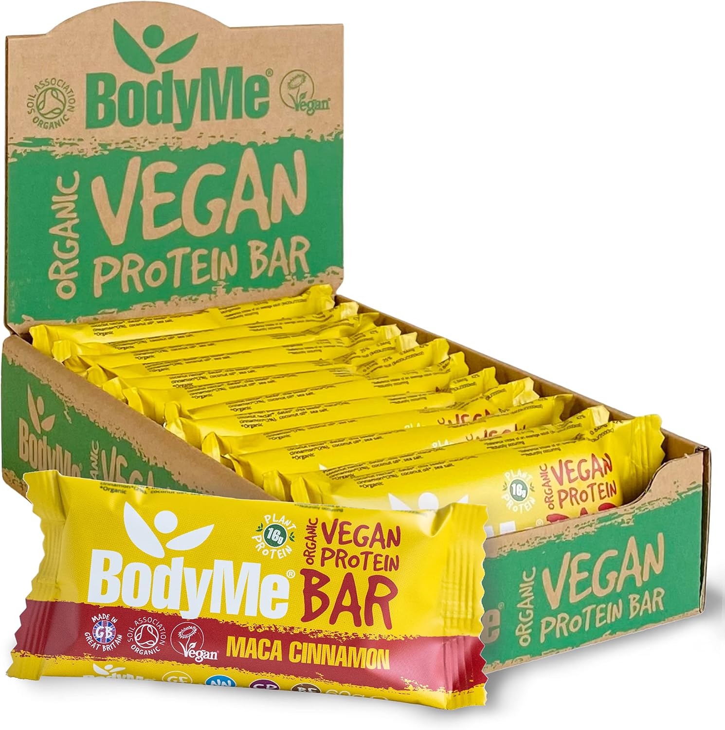 BodyMe Organic Vegan Protein Bar | Raw Maca Cinnamon | Box of 12 x 2.12oz (60g) | With 3 Plant Proteins
