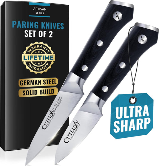 Cutluxe Paring Knife Set \u2013 4" Fruit and 3" Peeling Knives \u2013 Small Knife with Razor Sharp Blade \u2013 High Carbon German Steel, Full Tang & Ergonomic Handle Design \u2013 Artisan Series