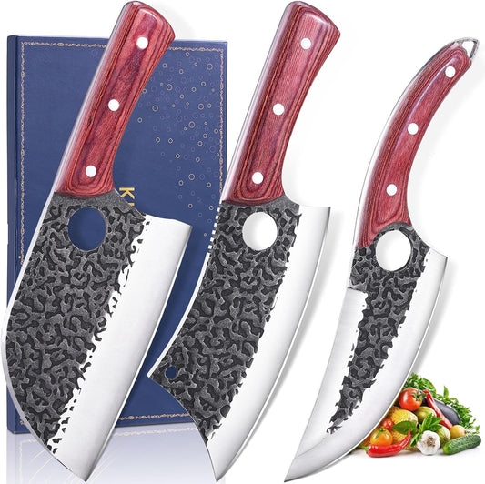 Butcher Knife Set, 3PCS Hand Forged Meat Cleaver, Sharp Serbian Chef Knife & Kitchen Knives & Viking Knives Set for Meat Cutting, Boning Knives for Home、Camping、BBQ Gifts Idea Men