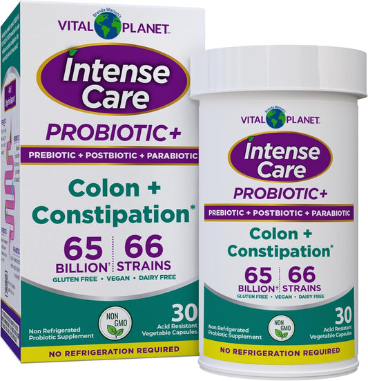 Vital Planet - Intense Care Colon & Constipation Probiotics Plus Organic Prebiotics, Postbiotics, Parabiotics, Complete 4-in-1 Health Supplement for Adults, 65 Billion CFU, 66 Strains, 30 ct