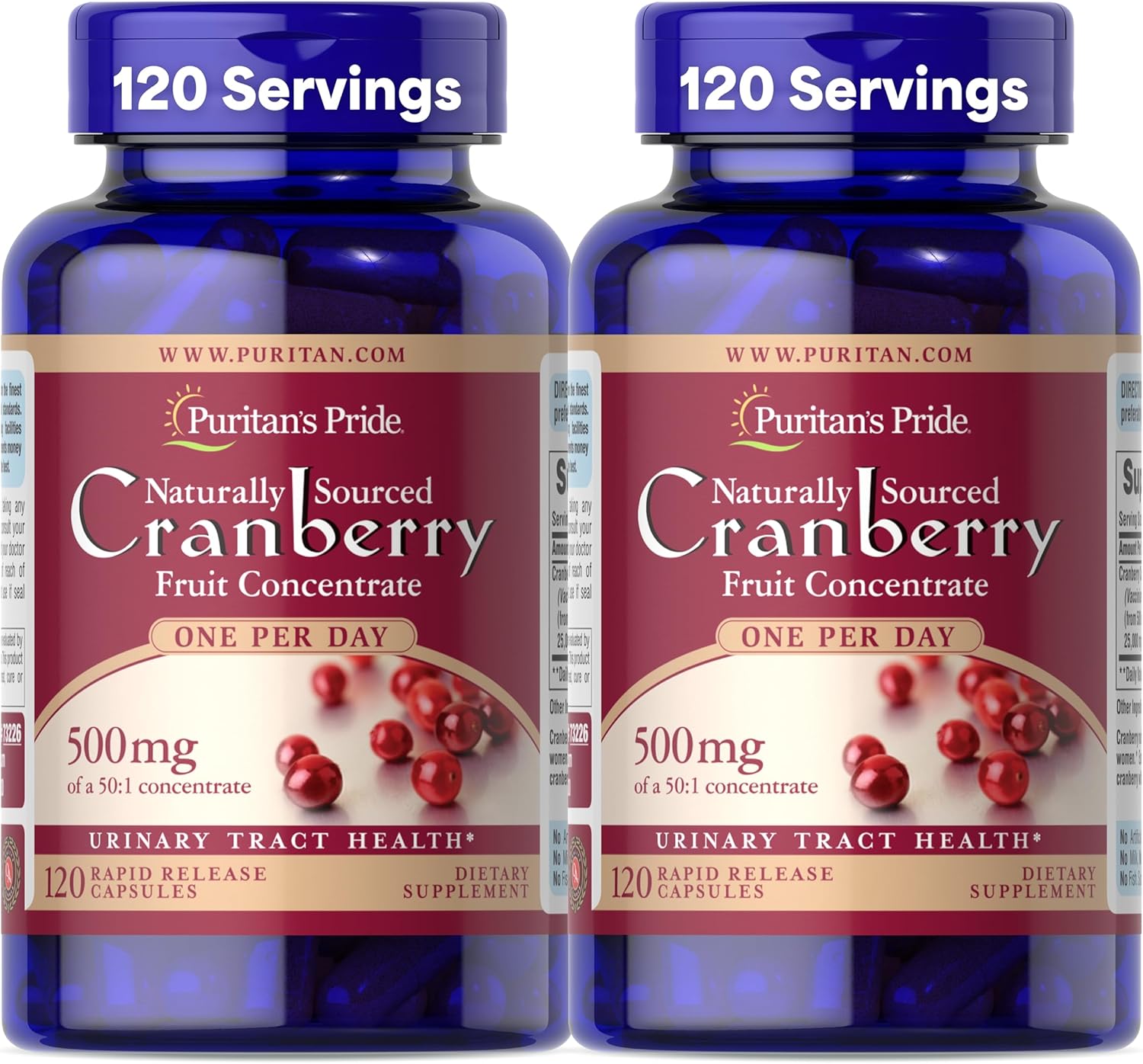 Puritan's Pride Naturally Sourced Cranberry One Per Day Fruit Concentrate 500mg, 50:1 Dietary Supplement for Urinary Tract Support, 4 Month Supply, 120 Rapid Release Capsules, 2 Pack