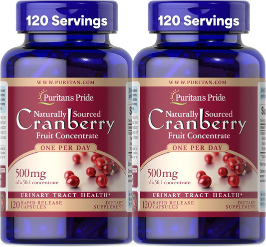 Puritan's Pride Naturally Sourced Cranberry One Per Day Fruit Concentrate 500mg, 50:1 Dietary Supplement for Urinary Tract Support, 4 Month Supply, 120 Rapid Release Capsules, 2 Pack