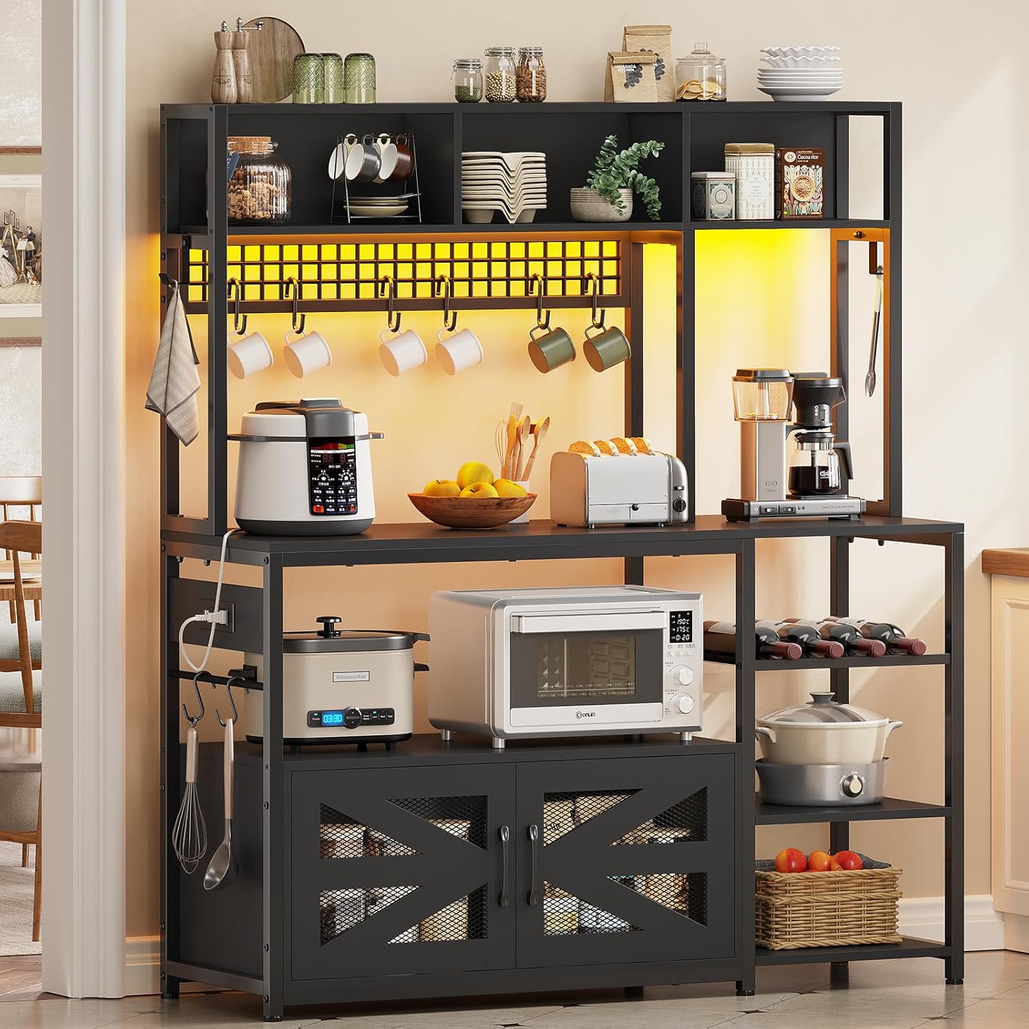 Itaar 47.2 Inch Bakers Rack with Power Outlet, Microwave Stand with Storage, Farmhouse Coffee Bar Cabinet Station with Wine Rack, Iron Grid and 8-S Hooks (Black)