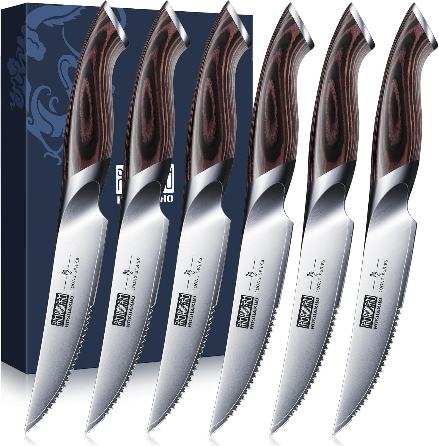HOSHANHO Steak Knives Set of 6, Ultra Sharp 4.5 Inch Serrated Steak Knife Set, Japanese High Carbon Steel Kitchen Steak Knives with Ergonomic Handle