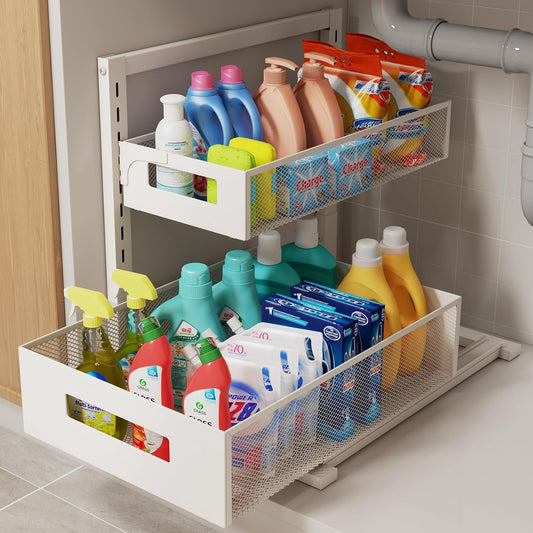 Under Sink Organizer Adjustable Height 2 Tier Bathroom Organizer Pull Out Cabinet Organer kitchen organizers and storage fridge organizers and storage,White,XL-1 Pack