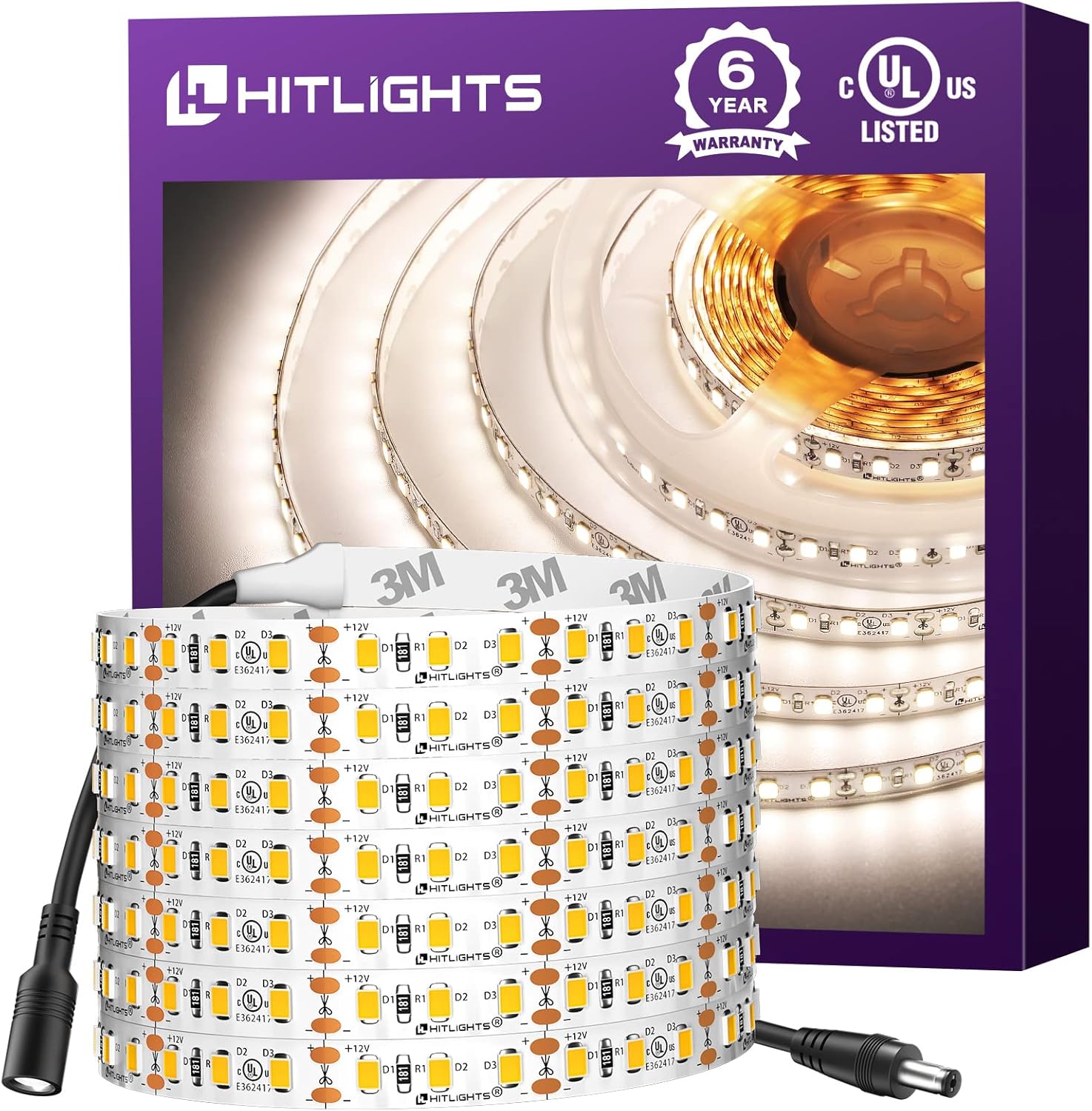 HitLights White LED Strip Lights 4000K,16.4ft High Density 12V Tape Light, UL Listed, 600 LEDs, CRI>90, 300Lm\/ft, Flexible Dimmable Rope Lights for Bedroom, Kitchen, Cabinet(Power Source Not Included)