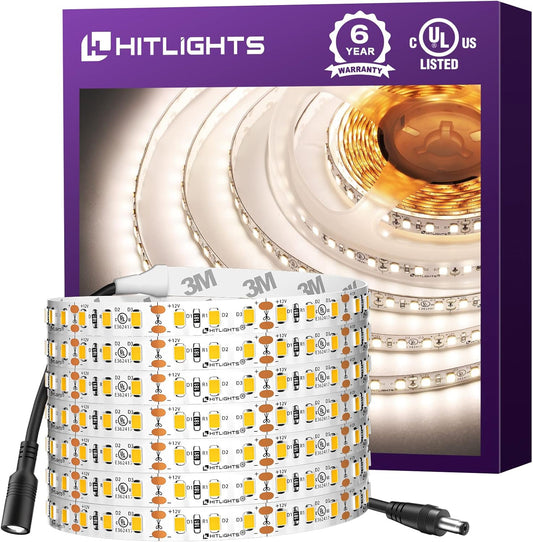 HitLights White LED Strip Lights 4000K,16.4ft High Density 12V Tape Light, UL Listed, 600 LEDs, CRI>90, 300Lm\/ft, Flexible Dimmable Rope Lights for Bedroom, Kitchen, Cabinet(Power Source Not Included)