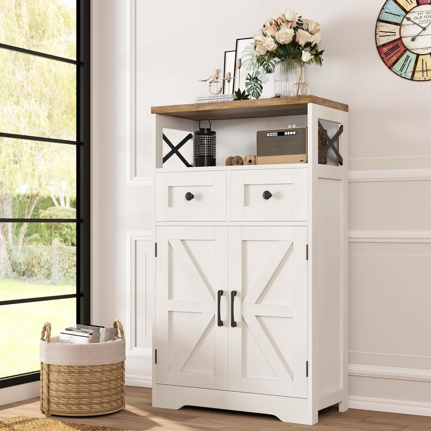 Befrases Farmhouse White Storage Cabinet with Doors and Drawers, Freestanding Kitchen Pantry Cabinet, Floor Storage Cabinet Hutch Cupboard for Kitchen\/Laundry\/Living Room\/Bedroom