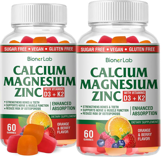BionerLab Calcium Magnesium Zinc Gummies with Vitamin D3 & K2 - High Potency Enhanced Absorption - Orange and Berry Flavored
