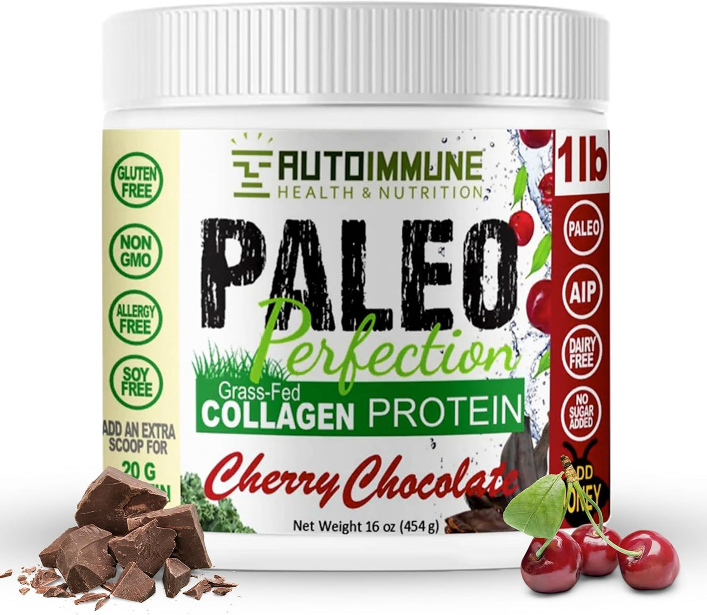 Paleo Perfection Double Chocolate Grass Fed Beef Collagen Protein Powder without Stevia - Paleo, Keto, SCD, AIP Protein Powder w/ Apple Fiber, Carrot, Broccoli - 1lb Protein Powder & Superfood Blend